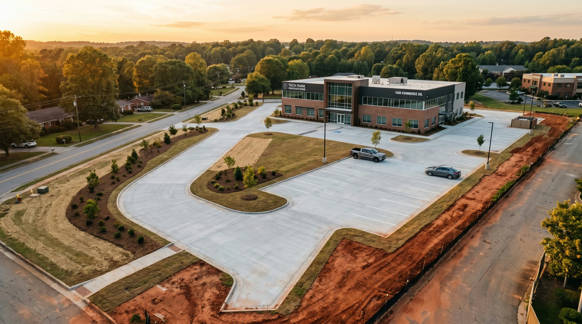 Completed commercial concrete parking lot, drive approach, and curb work by 008 Concrete at a Marietta Georgia office park, golden hour aerial view